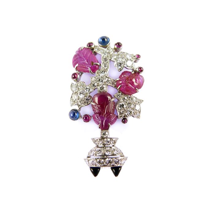 Diamond and carved ruby leaf brooch in the form of a tree or shrub, | MasterArt